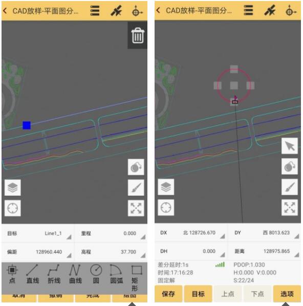 CAD 放樣功能在施工作業(yè)的同時(shí)，還可進(jìn)入繪圖模式（點(diǎn)擊右邊毛筆圖標(biāo)），可實(shí)時(shí)在原 CAD 底圖上進(jìn)行相關(guān)圖形的增加，如點(diǎn)、直線、折線、曲線等，并進(jìn)行放樣